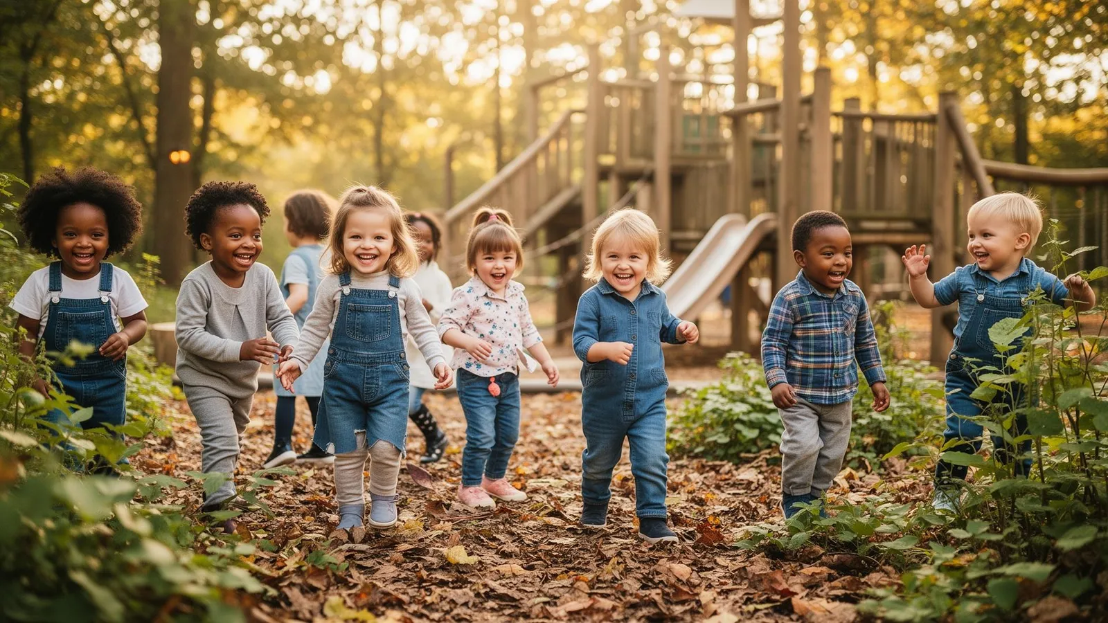 Children exploring leaves at the Harmony Focus outdoor nature playground in Oklahoma City