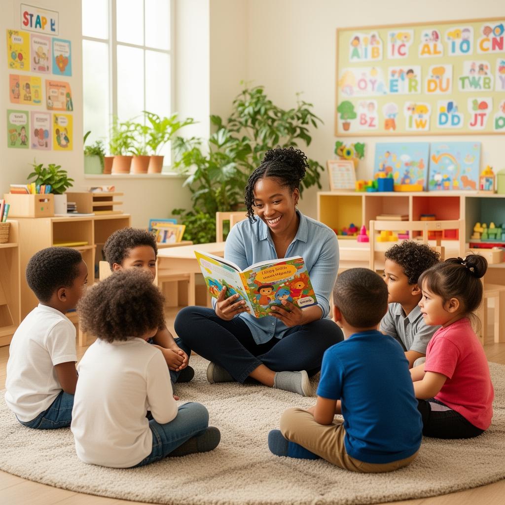 Teacher reading to small group of preschool children